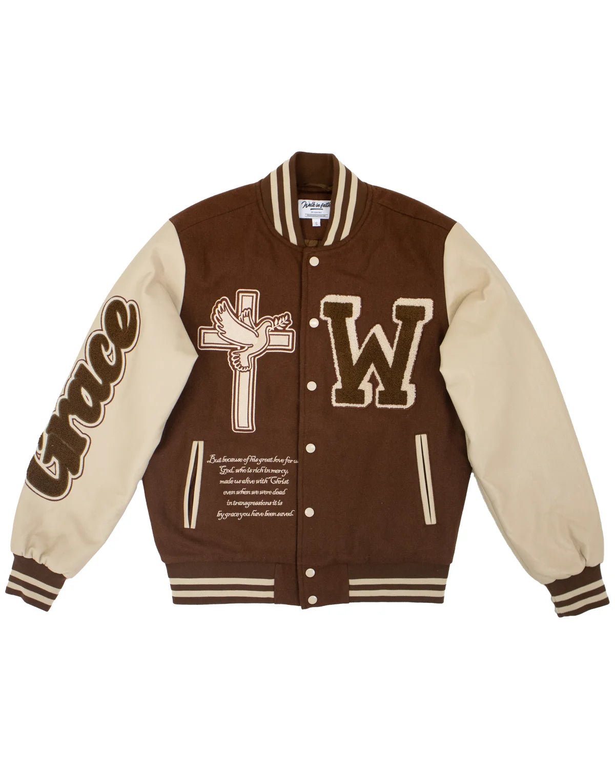 Brown Grace Varsity Unisex Christian Jacket Walk In Faith Clothing