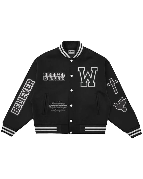 Black Believer Christian Varsity Jacket Front