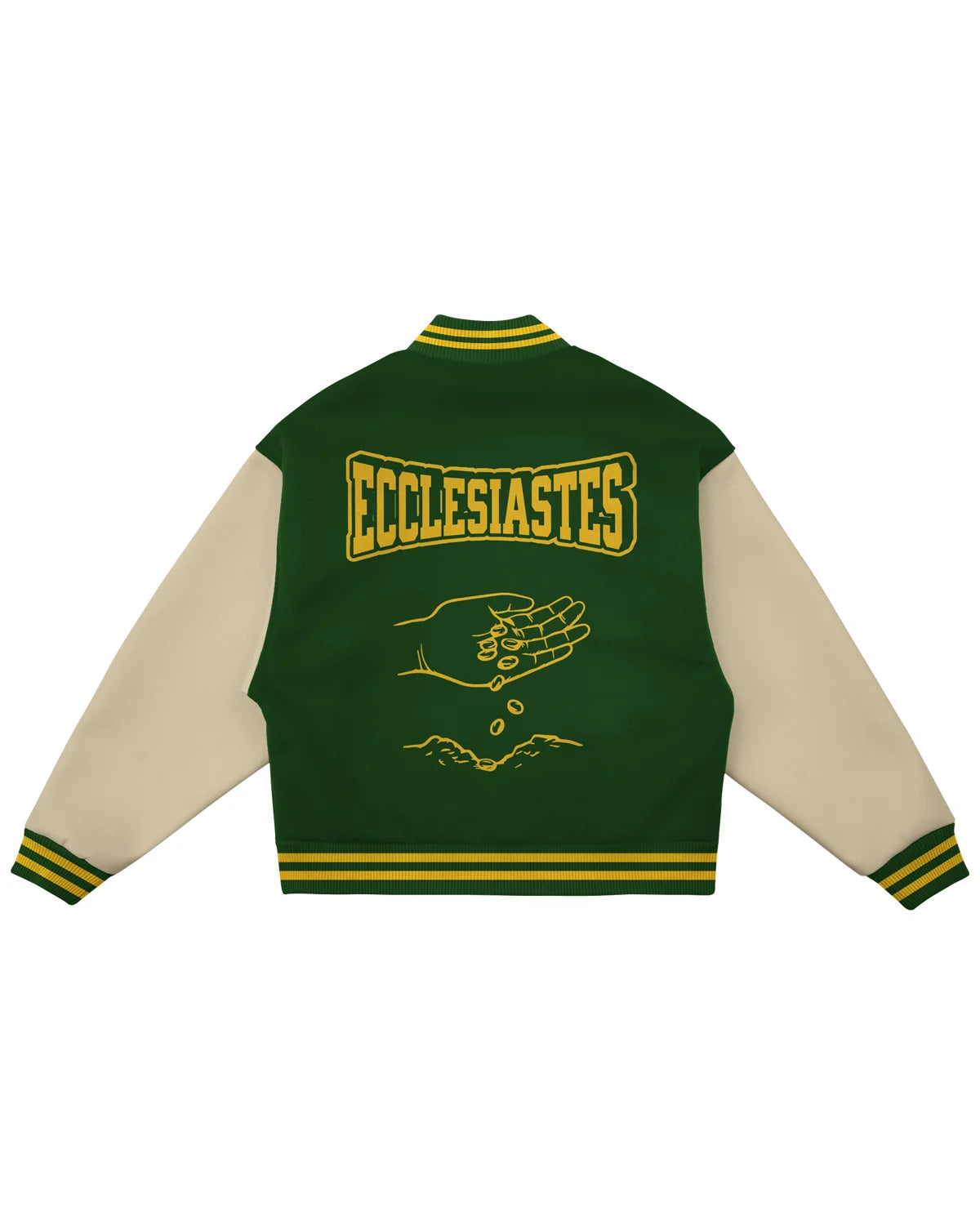 Back Of Green Ecclesiastes Varsity Unisex Christian Jacket