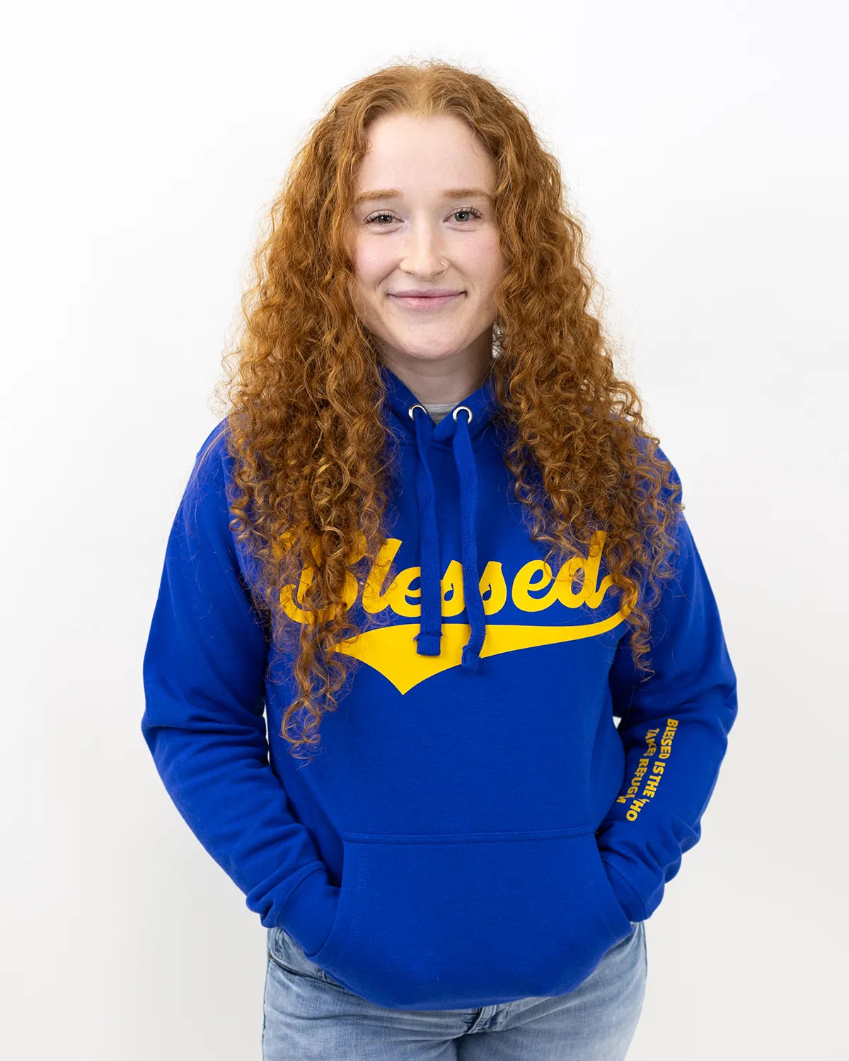 Model Wearing Blessed Blue & Gold Christian Hoodie
