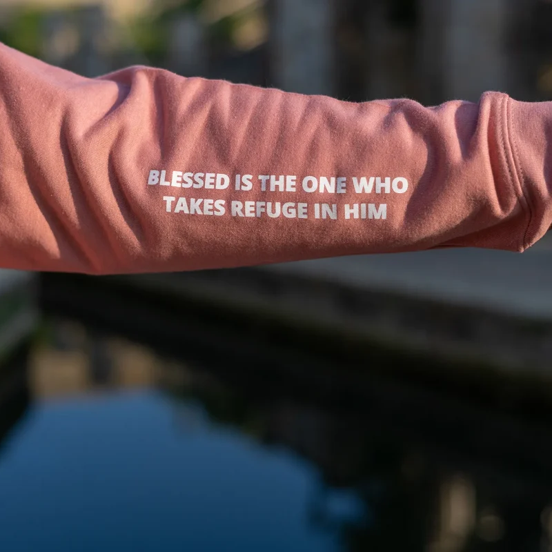 Model Wearing Dusty Rose Blessed Christian Hoodie