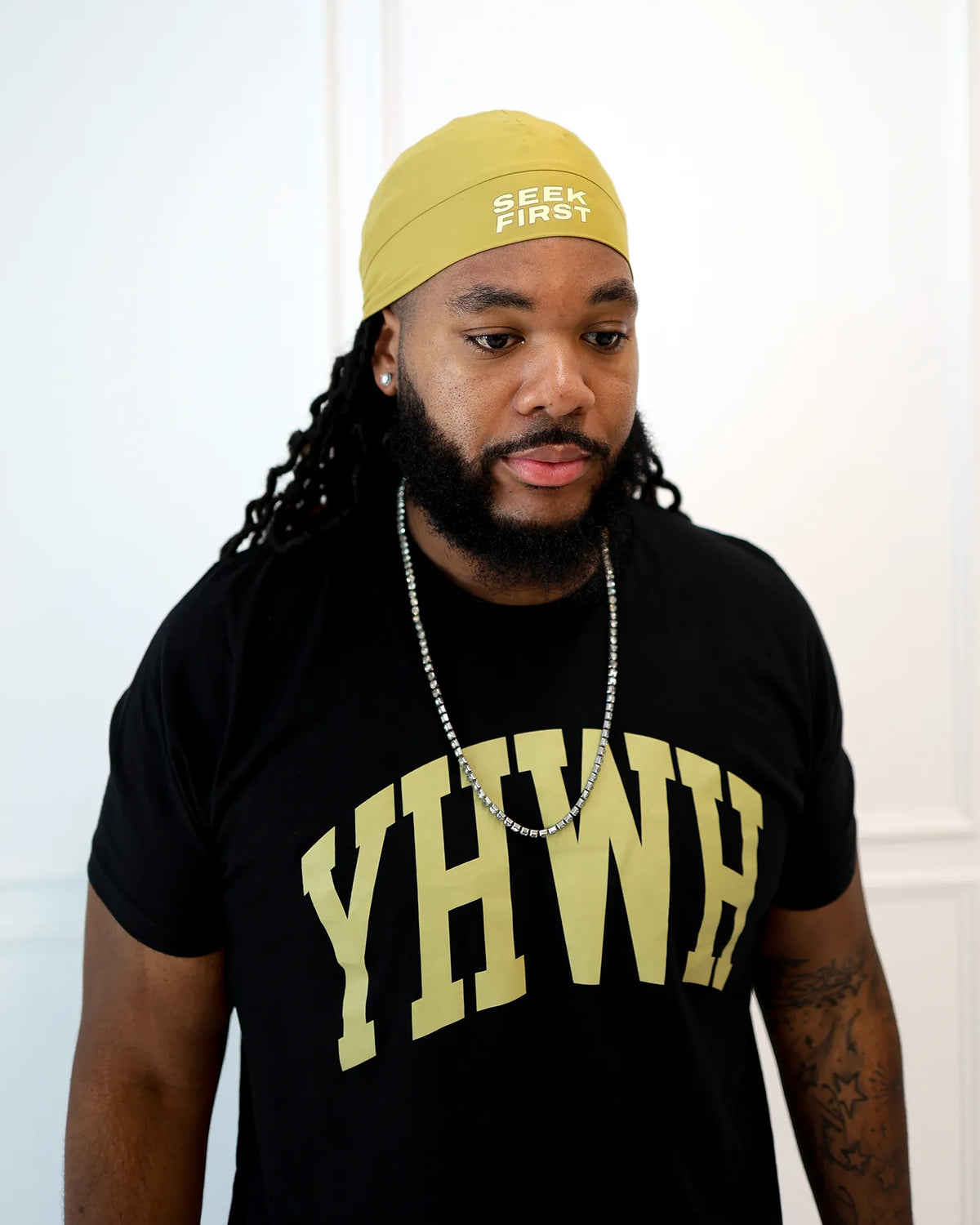 Photo Of Model Wearing YHWH Christian T-Shirt