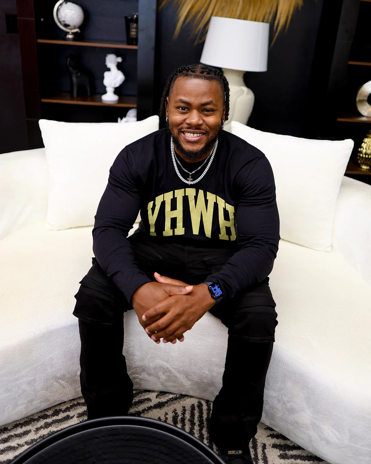 Photo Of Model Wearing YHWH Long Sleeve Christian T-Shirt