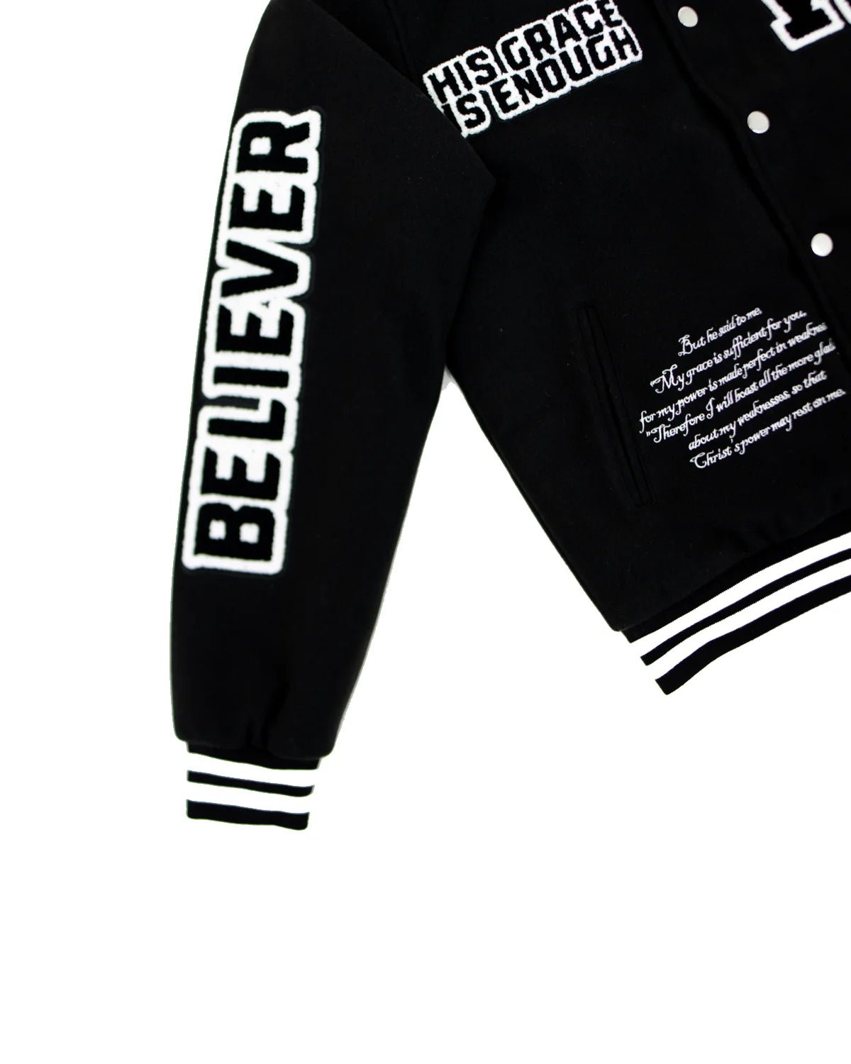 Black Believer Varsity Unisex Jacket - Walk In Faith Clothing