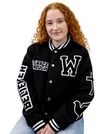 Black Believer Varsity Unisex Jacket - Walk In Faith Clothing