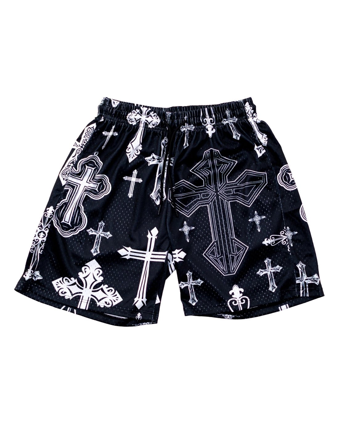 Black Covered In Crosses Unisex Shorts - Walk In Faith Clothing