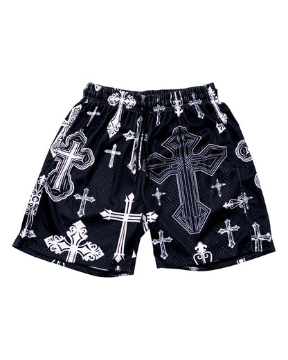 Black Covered In Crosses Unisex Shorts - Walk In Faith Clothing