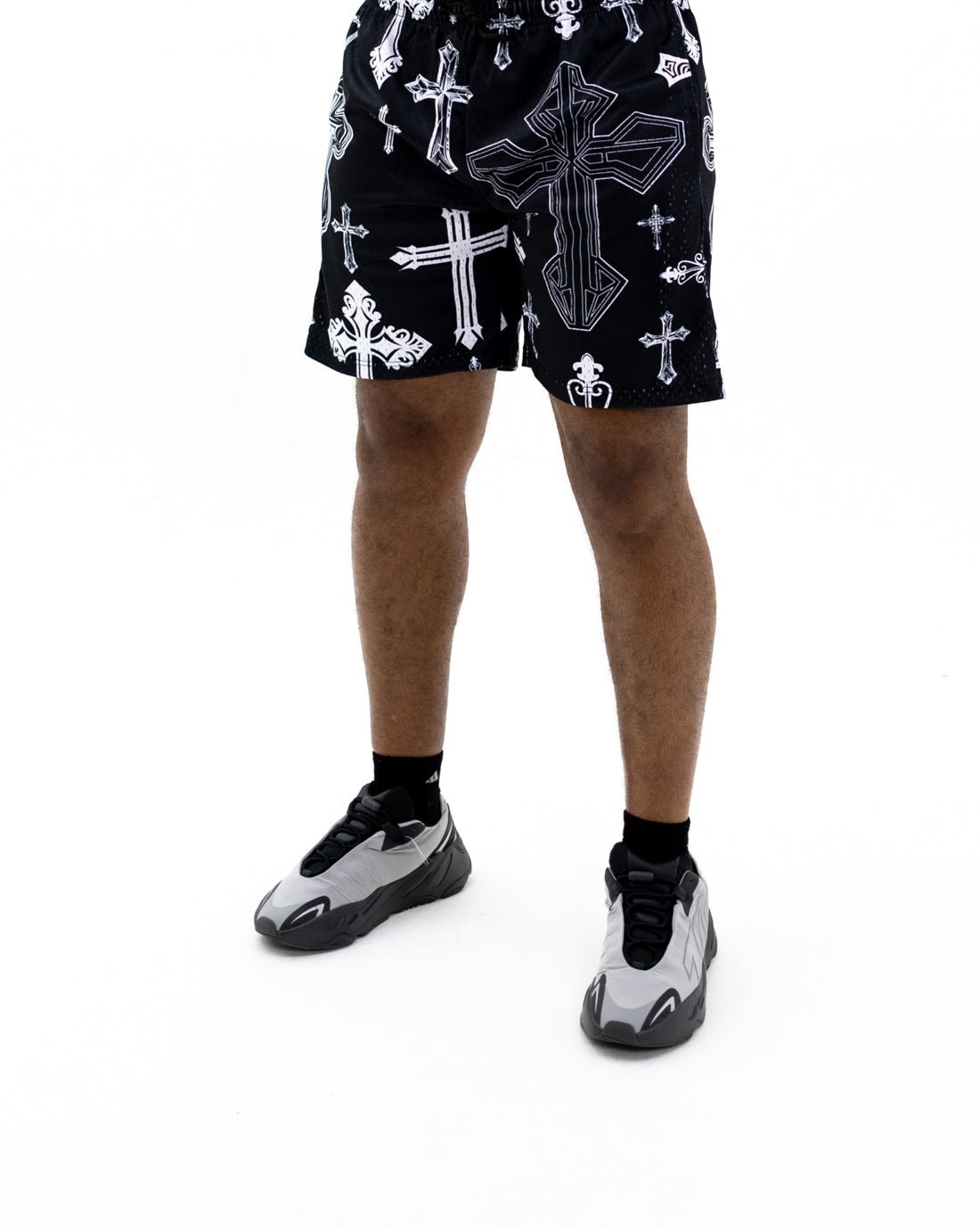 Black Covered In Crosses Unisex Shorts - Walk In Faith Clothing