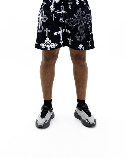 Black Covered In Crosses Unisex Shorts - Walk In Faith Clothing