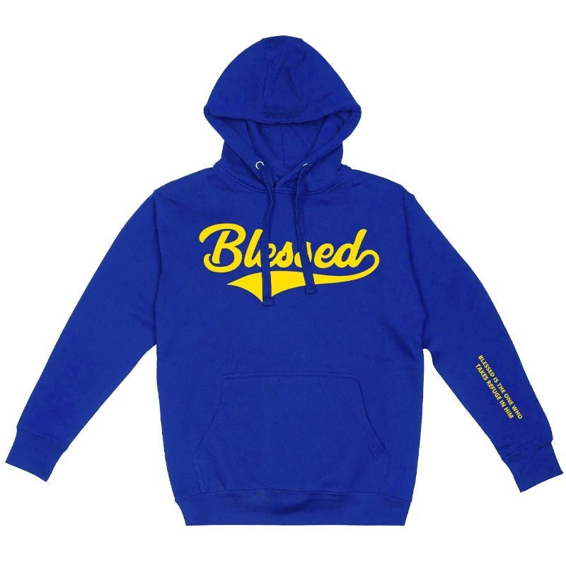 Blue &amp; Gold Blessed Unisex Hoodie - Walk In Faith Clothing