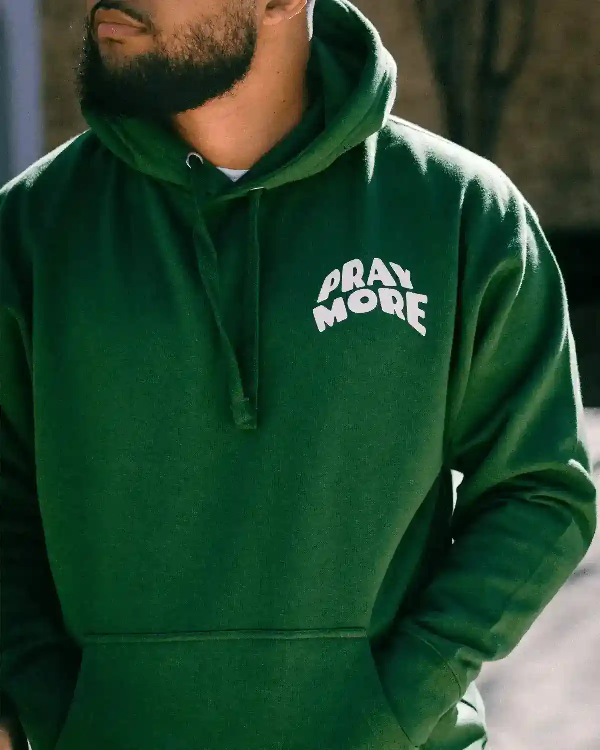 Model Wearing Green Pray More Worry Less Christian Hoodie