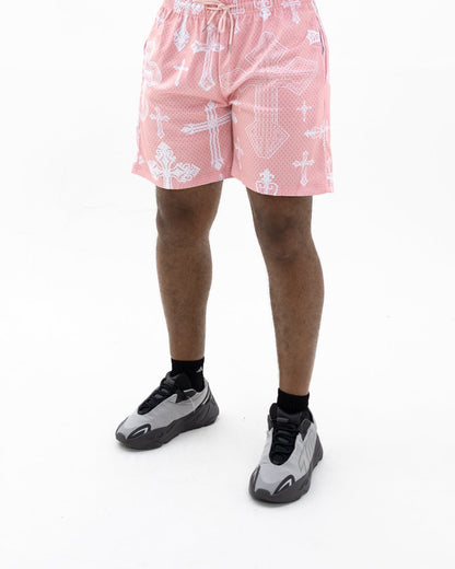 Pink Covered In Crosses Unisex Shorts - Walk In Faith Clothing