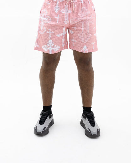Pink Covered In Crosses Unisex Shorts - Walk In Faith Clothing