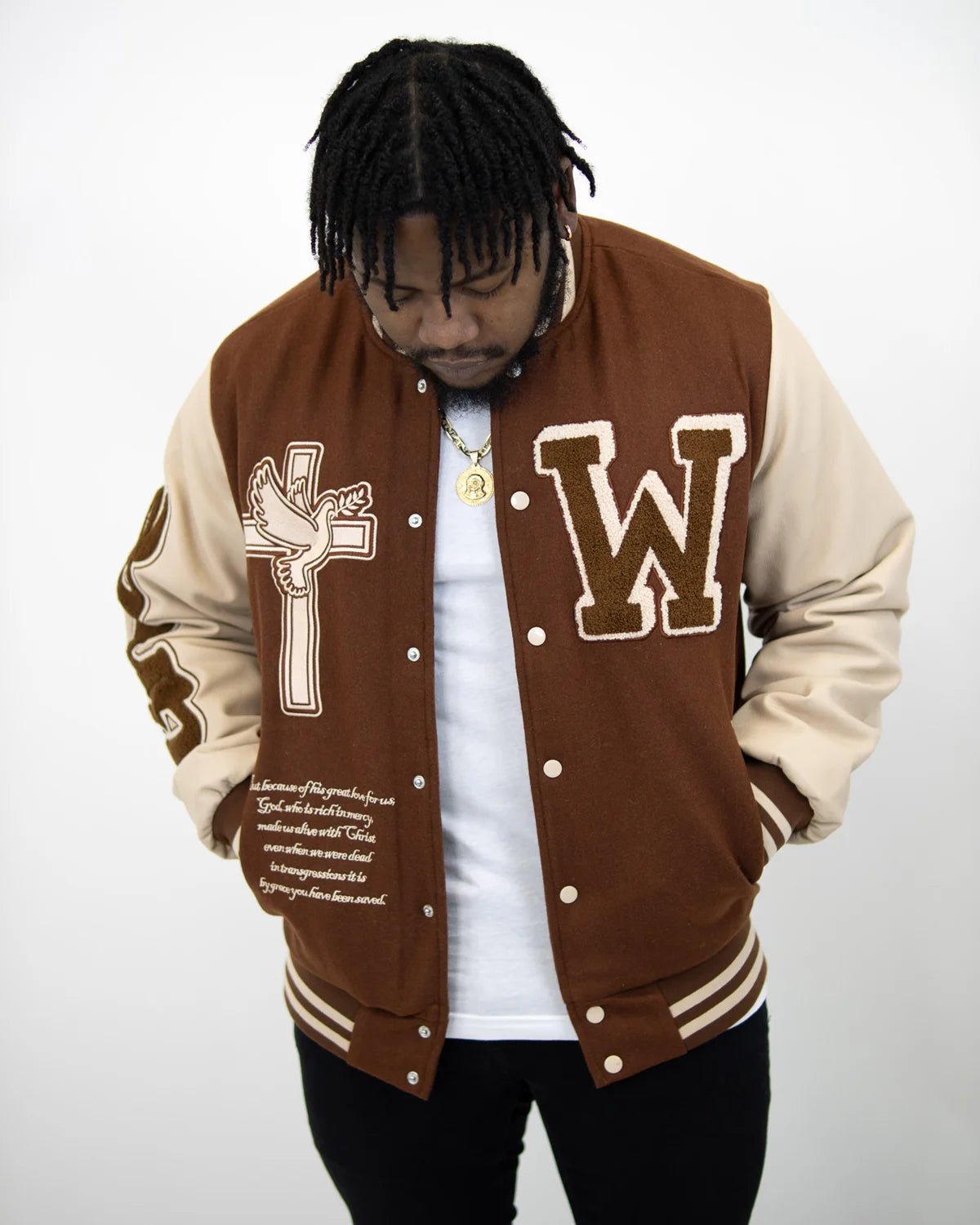 Pre Order Brown Grace Varsity Unisex Jacket - Walk In Faith Clothing