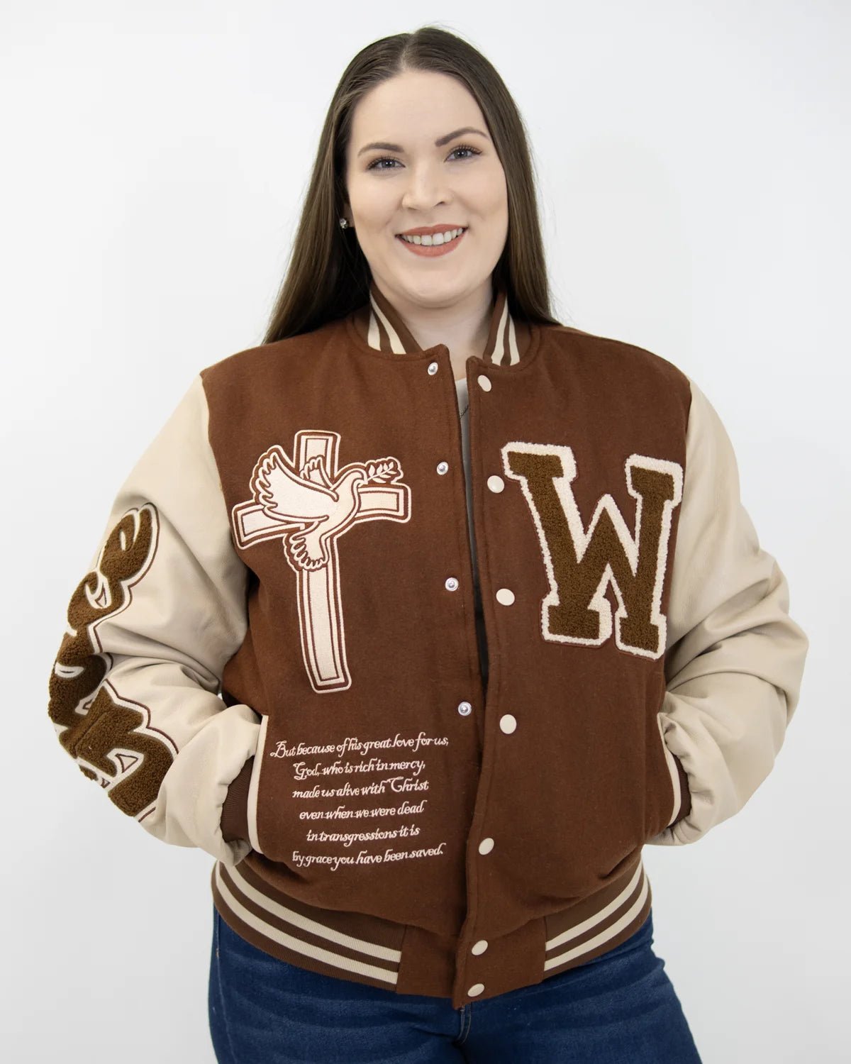 Pre Order Brown Grace Varsity Unisex Jacket - Walk In Faith Clothing