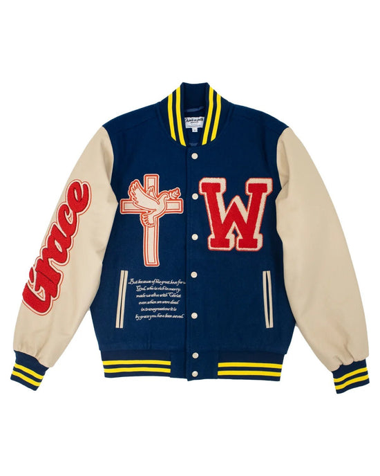 Pre Order Navy Grace Varsity Unisex Jacket - Walk In Faith Clothing