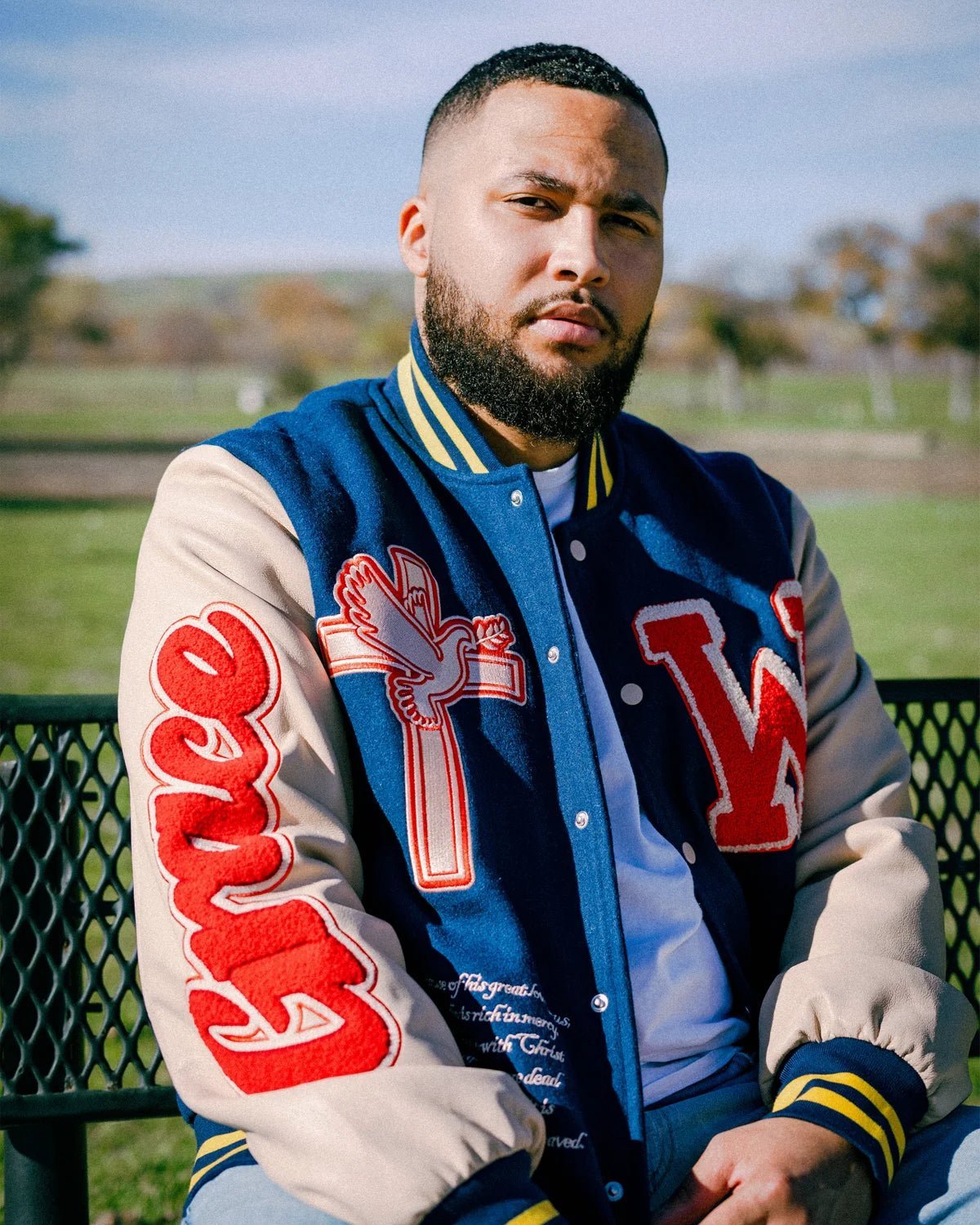 Pre Order Navy Grace Varsity Unisex Jacket - Walk In Faith Clothing