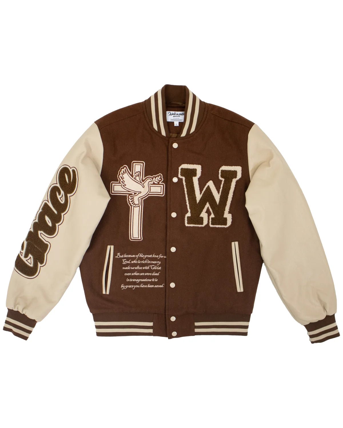 Brown Grace Varsity Unisex Jacket - Walk In Faith Clothing