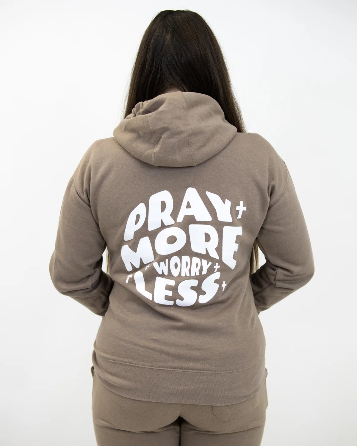 Latte Pray More Worry Less Unisex Hoodie - Walk In Faith Clothing